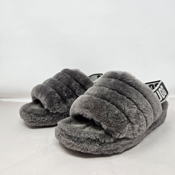Ugg Womens Fur Slide Gray Fluff Yeah Sz 6 Sheepskin Elastic Heel Logo - Picture 3 of 12